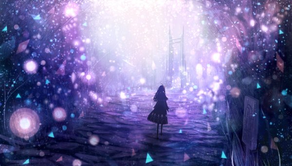 Anime picture 1260x720 with original bounin single long hair black hair brown hair wide image ahoge from behind wallpaper scenic glow girl dress