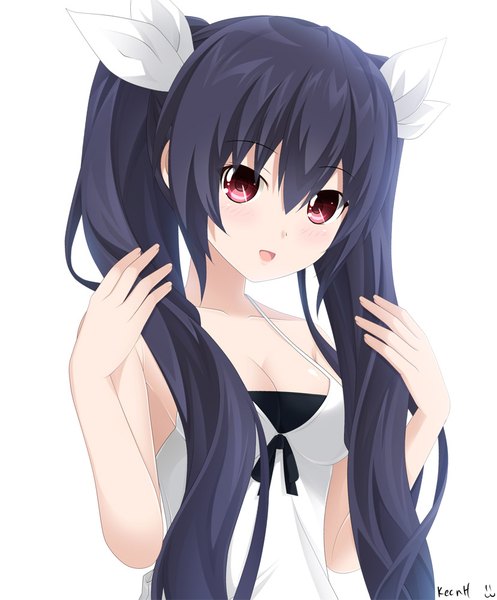Anime picture 828x1000 with choujigen game neptune noire keenh single long hair tall image looking at viewer blush fringe breasts open mouth black hair simple background hair between eyes red eyes white background twintails bare shoulders signed payot