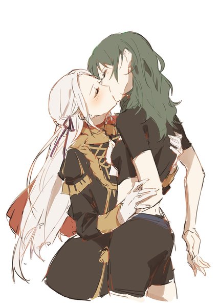 Anime picture 1000x1402 with fire emblem fire emblem: three houses nintendo edelgard von hresvelg byleth (fire emblem) byleth (female) (fire emblem) enlightened byleth (female) mo (ine mao) long hair tall image blush fringe simple background hair between eyes white background multiple girls white hair eyes closed green hair shoujo ai