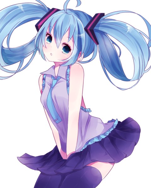 Anime picture 1200x1500 with vocaloid hatsune miku motsuni (lxxe1120) single long hair tall image blush open mouth blue eyes simple background white background twintails bare shoulders blue hair looking away ahoge pleated skirt girl thighhighs skirt