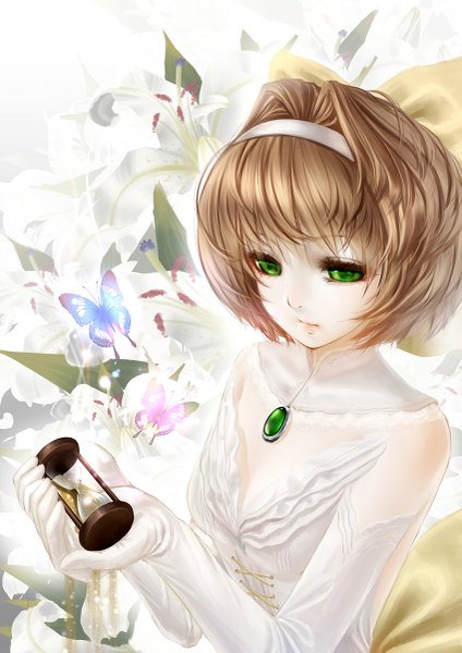 Anime picture 849x1200 with original rail (silverbow) single tall image blush short hair holding green eyes lips sparkle expressionless sand girl dress gloves hair ornament bow hair bow elbow gloves white gloves