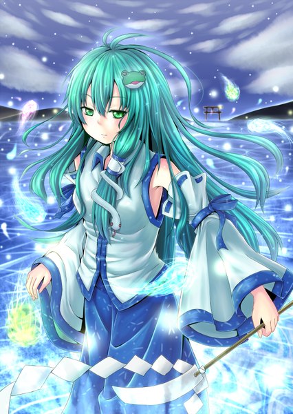 Anime picture 1267x1784 with touhou kochiya sanae dabadhi long hair tall image green eyes green hair magic girl skirt detached sleeves water skirt set torii