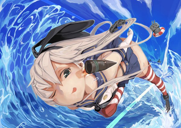 Anime picture 1320x933 with kantai collection shimakaze destroyer rensouhou-chan saryu42 long hair looking at viewer blonde hair one eye closed wink grey eyes zettai ryouiki :p :3 girl thighhighs skirt gloves hair ornament underwear panties