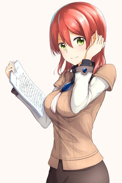 Anime picture 1200x1800 with akagami no shirayukihime studio bones shirayuki (akagami no shirayukihime) natsuya (pucelle) single tall image looking at viewer blush fringe short hair simple background smile hair between eyes standing white background green eyes upper body red hair adjusting hair girl