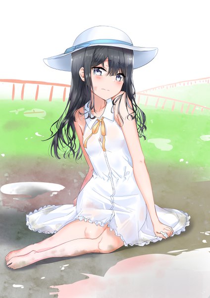 Anime picture 2000x2829 with masamune-kun no revenge silver link adagaki aki nyung sunhyun single long hair tall image looking at viewer blush fringe highres blue eyes black hair hair between eyes sitting bare shoulders full body outdoors head tilt