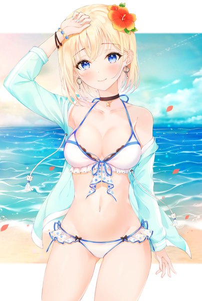 Anime picture 2124x3153 with original lebring single tall image looking at viewer blush fringe highres short hair breasts blue eyes light erotic blonde hair smile large breasts standing cleavage outdoors nail polish head tilt