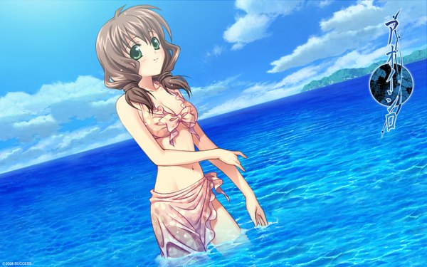 Anime picture 1920x1200 with aoi shiro aizawa yasumi yasaka minato single long hair highres brown hair wide image standing twintails green eyes sky cloud (clouds) official art wallpaper copyright name partially submerged low twintails horizon girl