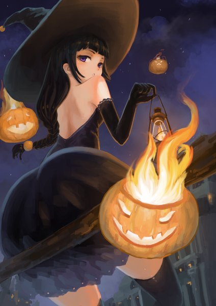 Anime picture 2480x3508 with original hcho single long hair tall image highres black hair purple eyes halloween witch girl thighhighs dress gloves black thighhighs hat black gloves witch hat jack-o'-lantern