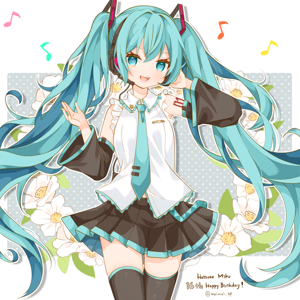 Anime picture 2000x2000 with vocaloid hatsune miku saekiya sabou single looking at viewer fringe highres open mouth hair between eyes twintails signed very long hair :d pleated skirt aqua eyes aqua hair character names twitter username outside border happy birthday
