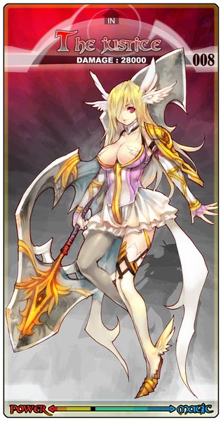 Anime picture 1100x2070 with tarot (game) ryushin single long hair tall image fringe breasts light erotic blonde hair red eyes hair over one eye head wings girl dress weapon wings huge weapon