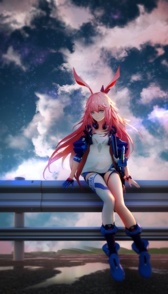 Anime picture 1415x2476 with benghuai xueyuan honkai (series) yae sakura aleihuai biao single long hair tall image looking at viewer fringe blue eyes hair between eyes sitting animal ears pink hair sky cloud (clouds) full body bunny ears knees touching headphones around neck