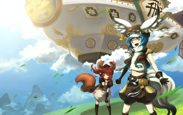 Anime picture 1600x1003 with blade & soul lyn (blade & soul) lycoris (artist) short hair open mouth wide image animal ears yellow eyes blue hair cloud (clouds) red hair animal tail wind mountain girl boy plant (plants) earrings fingerless gloves grass