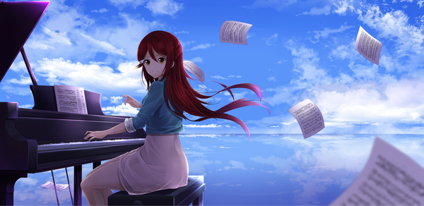 Anime picture 2452x1197 with love live! sunshine!! sunrise (studio) love live! sakurauchi riko orein single long hair looking at viewer fringe highres hair between eyes wide image sitting yellow eyes sky cloud (clouds) bent knee (knees) red hair light smile wind