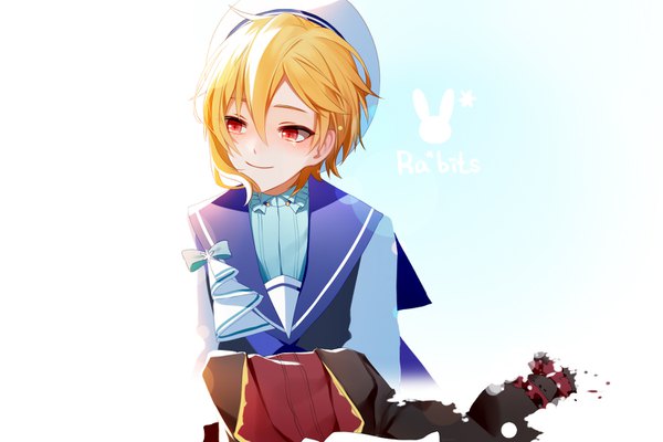 Anime picture 1500x1000 with ensemble stars! nito nazuna asd13 single fringe short hair simple background blonde hair smile hair between eyes red eyes white background looking away wind tears sailor collar boy beret