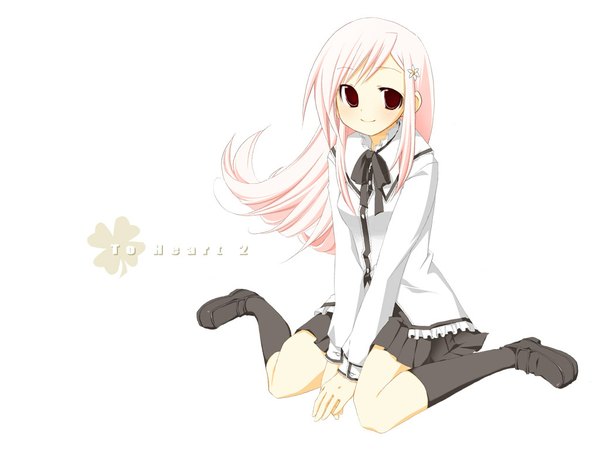 Anime picture 1024x768 with to heart 2 leaf (studio) lucy maria misora koshou shichimi long hair smile red eyes white background pink hair skirt socks knee socks