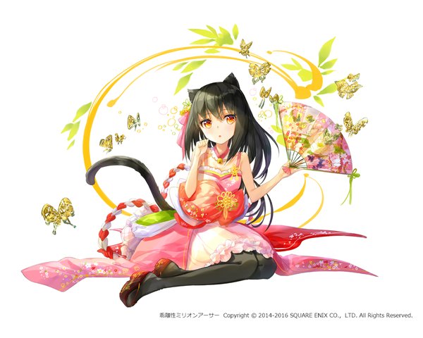 Anime picture 900x720 with million arthur (series) kaku-san-sei million arthur square enix fuumi (radial engine) single long hair blush black hair red eyes white background sitting bare shoulders animal ears yellow eyes looking away bent knee (knees) tail traditional clothes parted lips animal tail