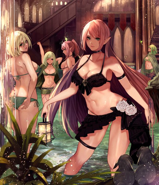 Anime picture 1500x1750 with original kisui long hair tall image looking at viewer blush fringe short hair breasts light erotic blonde hair hair between eyes large breasts standing bare shoulders multiple girls holding green eyes payot cleavage