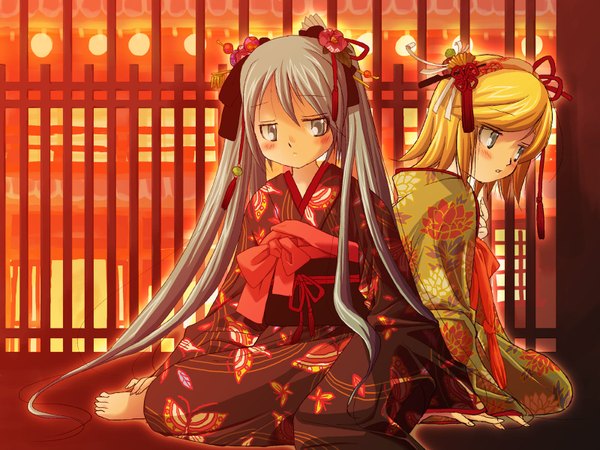 Anime picture 1600x1200 with vocaloid yumemiru kotori (vocaloid) hatsune miku kagamine rin tenryuuji hayato fringe short hair blonde hair sitting multiple girls looking away very long hair traditional clothes parted lips japanese clothes arm support grey eyes floral print looking down girl