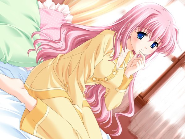 Anime picture 1200x900 with blue eyes pink hair game cg wavy hair girl pillow bed