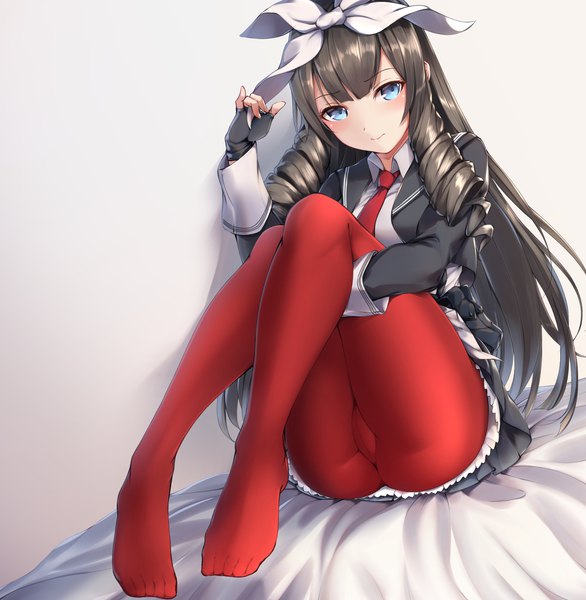 Anime picture 2000x2048 with girls frontline howa type 64 (girls frontline) zhishi ge fangzhang single long hair tall image looking at viewer blush fringe highres open mouth blue eyes light erotic black hair simple background sitting full body bent knee (knees) pleated skirt light smile