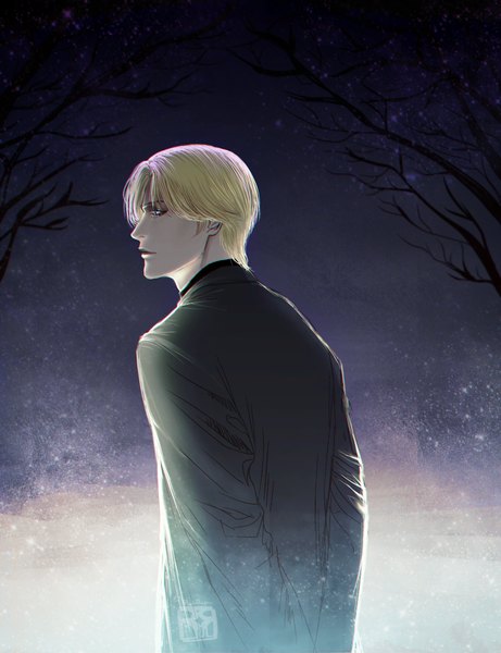 Anime picture 1280x1664 with monster (manga) johan liebert ruzurifu single tall image short hair blue eyes blonde hair standing signed looking away upper body outdoors profile from behind night night sky watermark hands behind back bare tree