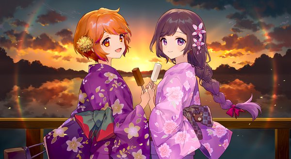 Anime picture 1500x818 with original ainy long hair looking at viewer blush open mouth smile wide image standing purple eyes multiple girls sky purple hair cloud (clouds) outdoors braid (braids) traditional clothes :d japanese clothes hair flower