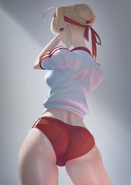 Anime picture 1063x1500 with fate (series) fate/grand order nero claudius (fate) (all) nero claudius (fate) imizu (nitro unknown) single tall image looking at viewer blush fringe short hair light erotic simple background blonde hair standing green eyes payot ahoge ass braid (braids)