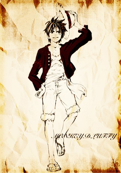 Anime picture 1181x1687 with one piece toei animation monkey d. luffy nagasode fusoku single tall image looking at viewer short hair smile standing holding black eyes inscription open clothes hand on hip monochrome scar dark hair boy hat