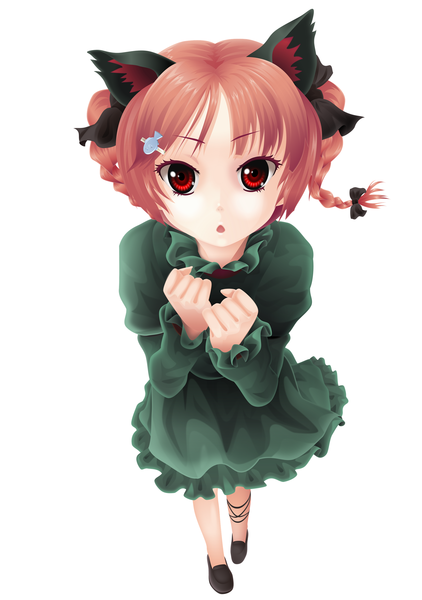 Anime picture 2159x3072 with touhou kaenbyou rin hari (project railgun) single tall image highres short hair simple background red eyes white background animal ears red hair braid (braids) cat ears cat girl cat tail twin braids girl dress bow