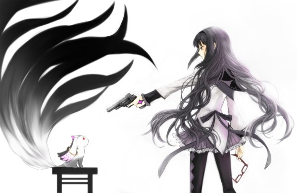Аниме картинка 1200x780 с девочка-волшебница мадока магика shaft (studio) акеми хомура кьюби nanamura один (одна) длинные волосы чёрные волосы хвост девушка оружие очки огнестрельное оружие