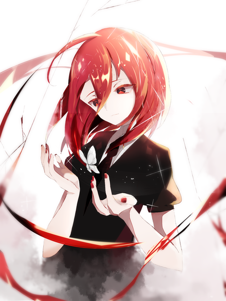 Anime picture 948x1264 with houseki no kuni cinnabar (houseki no kuni) captain yue single long hair tall image fringe hair between eyes red eyes looking away upper body ahoge red hair sparkle androgynous uniform necktie insect butterfly