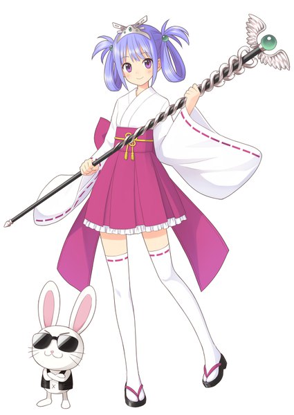Anime picture 620x876 with original kuro (chrono) single tall image looking at viewer blush fringe short hair simple background smile standing white background purple eyes holding purple hair full body traditional clothes japanese clothes wide sleeves hair rings