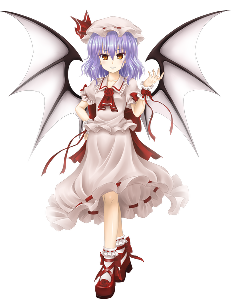 Anime picture 2300x2982 with touhou remilia scarlet okitakung single tall image looking at viewer blush highres short hair white background yellow eyes purple hair transparent background bat wings girl dress wings shoes headdress bonnet
