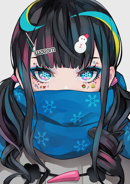 Anime-Bild 990x1400 mit original wacom lam (ramdayo) single long hair tall image looking at viewer fringe blue eyes black hair simple background twintails payot blunt bangs multicolored hair grey background low twintails symbol-shaped pupils portrait eyeshadow