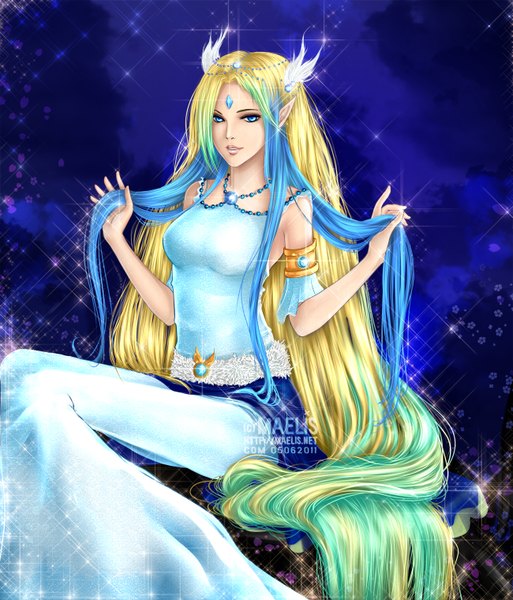 Anime picture 1300x1520 with original m-aelis single tall image looking at viewer breasts blue eyes blonde hair sitting blue hair very long hair multicolored hair green hair lips pointy ears girl dress