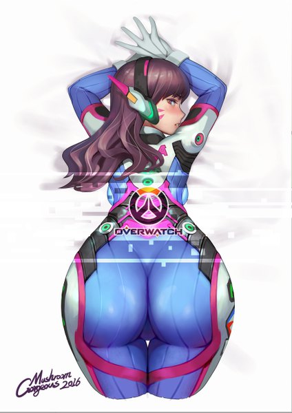 Anime picture 3751x5305 with overwatch blizzard entertainment d.va (overwatch) gorgeous mushroom single long hair tall image looking at viewer blush fringe highres light erotic simple background brown hair white background brown eyes signed absurdres ass long sleeves