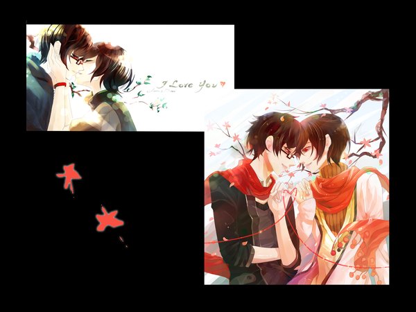 Anime picture 1800x1350 with original fieryght highres short hair smile red eyes brown hair eyes closed profile light smile wind open clothes open jacket multiple boys couple hug holding hands multiview face to face almost kiss