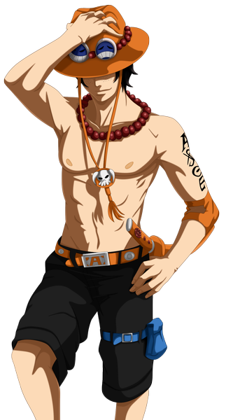 Anime picture 1000x1858 with one piece toei animation portgas d. ace flowerinhell single tall image short hair black hair smile standing bare shoulders nipples horn (horns) inscription tattoo character names transparent background freckles pirate boy