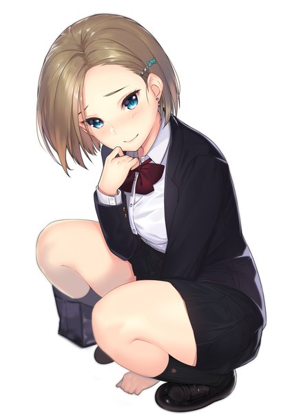 Anime picture 1251x1770 with original kagematsuri single tall image looking at viewer blush fringe short hair blue eyes simple background smile brown hair white background full body pleated skirt from above squat girl skirt uniform