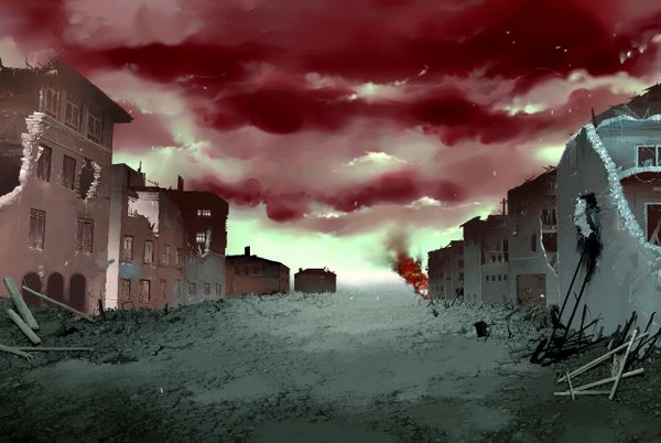 Anime picture 1280x858 with original sadkid (artist) sky cloud (clouds) city no people landscape ruins street building (buildings) fire