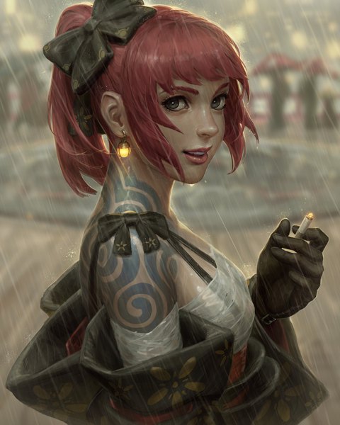 Anime picture 3276x4096 with original guweiz tall image looking at viewer fringe highres short hair breasts open mouth light erotic large breasts payot absurdres upper body outdoors ponytail red hair traditional clothes japanese clothes arm up