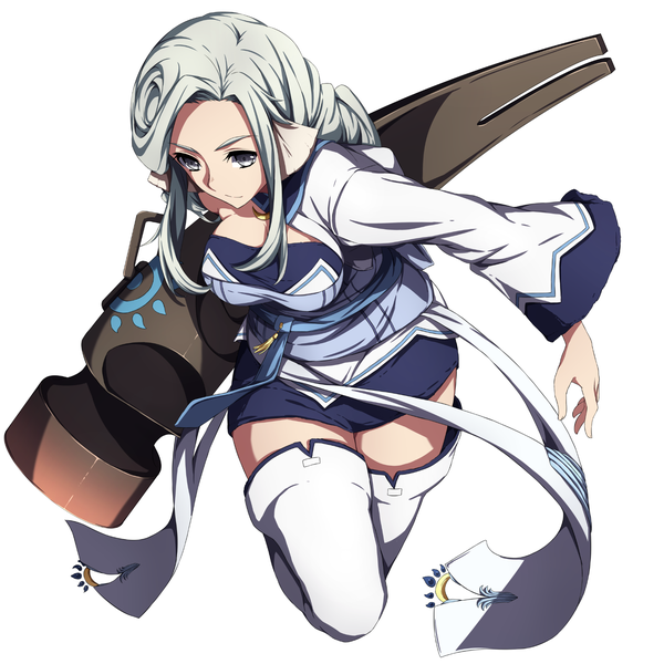 Anime picture 1687x1687 with sblack single long hair simple background white background looking away grey hair grey eyes girl weapon boots thigh boots hammer