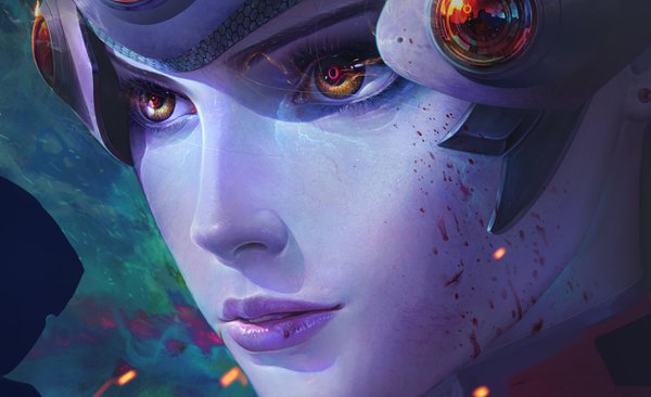 Anime picture 2510x1532 with overwatch blizzard entertainment widowmaker (overwatch) joo yann ang single highres wide image looking away parted lips lips heterochromia glowing close-up glowing eye (eyes) eyeshadow blood on face purple skin girl blood