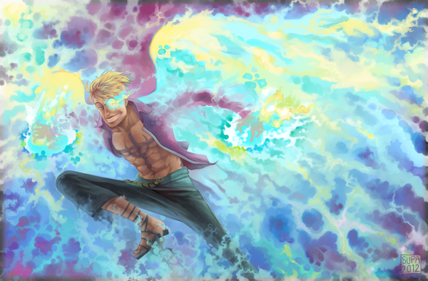 Anime picture 1350x887 with one piece toei animation marco (one piece) supario single short hair blue eyes blonde hair smile signed tattoo magic glowing glowing eye (eyes) flying clenched teeth boy wings
