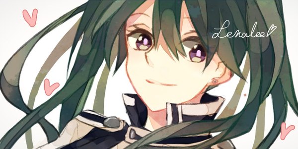 Anime picture 800x400 with d.gray-man lenalee lee omamon single long hair fringe simple background smile hair between eyes wide image purple eyes looking away green hair grey background character names close-up girl uniform heart
