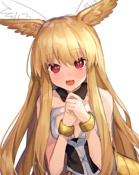 Anime picture 767x967 with fate (series) fate/grand order valkyrie (fate/grand order) thrud (fate/grand order) coyucom single long hair tall image looking at viewer blush fringe open mouth blonde hair simple background hair between eyes red eyes white background bare shoulders upper body :d