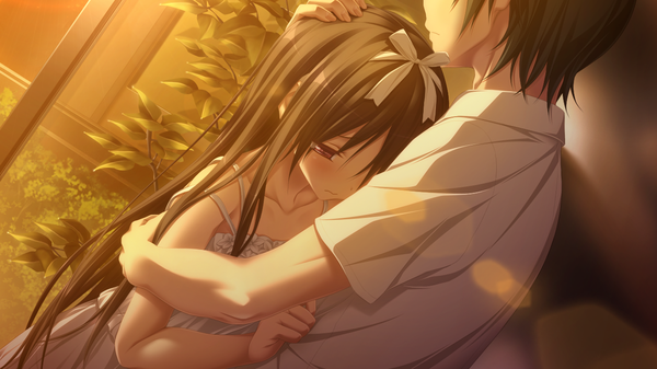 Anime picture 1280x720 with amatsutsumi purple software oribe kokoro long hair blush short hair black hair red eyes wide image game cg couple hug girl boy ribbon (ribbons) hair ribbon sundress