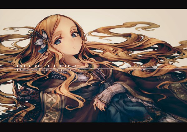 Anime picture 1100x777 with original garuku single long hair looking at viewer blue eyes simple background blonde hair lying very long hair hair flower girl hair ornament flower (flowers) frills necklace clock pocket watch