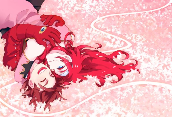 Anime picture 1339x914 with tales of (series) tales of symphonia lloyd irving zelos wilder gotou long hair short hair open mouth blue eyes smile bare shoulders red hair lying eyes closed hug shounen ai laughing gloves flower (flowers) detached sleeves