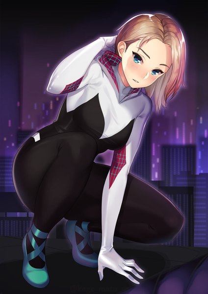 Anime picture 1447x2046 with marvel comics gwen stacy spider-gwen kagematsuri single tall image looking at viewer blush fringe short hair breasts blue eyes blonde hair full body outdoors parted lips arm up arm support city arm behind head